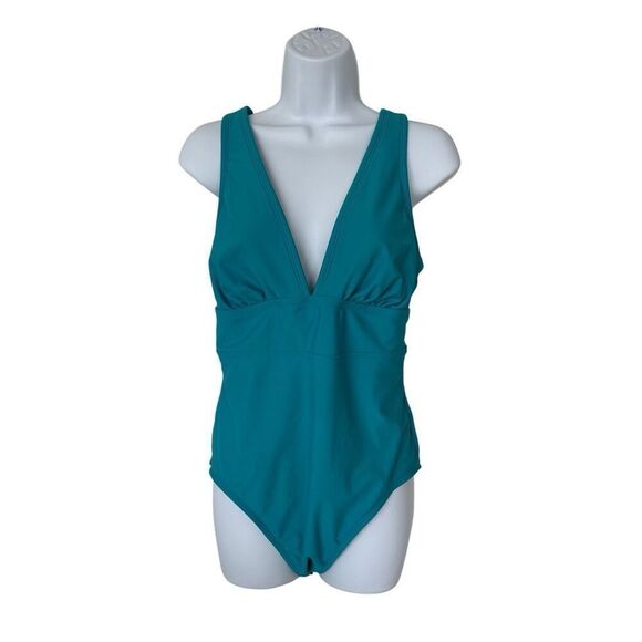 KONA SOL Blue Medium Coverage Wide Shoulder V-Neck One Piece Swimsuit Size L - Picture 1 of 7
